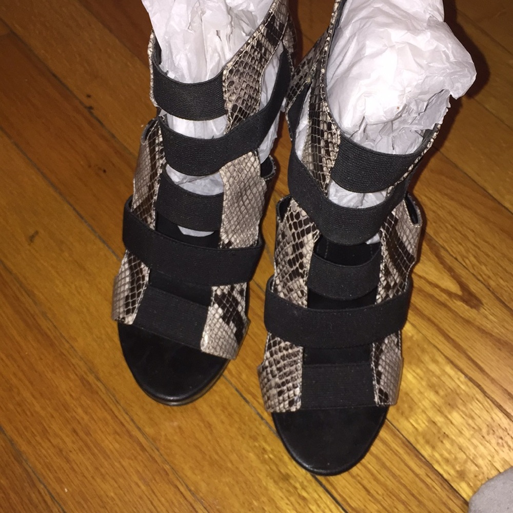 Calvin Klein snake skin bandage heels